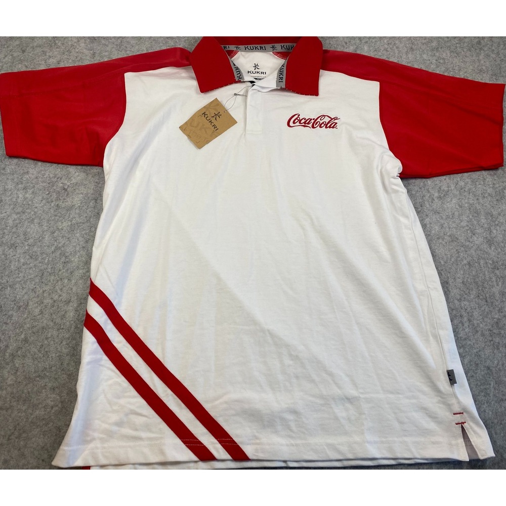 Kukri Coca-Cola Mens Rugby Polo Shirt White Red Short Sleeve Size L NWT